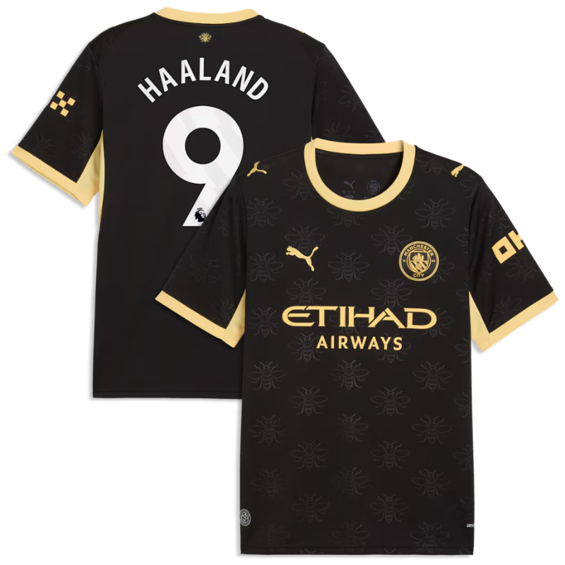 Manchester Style Black & Metallic Gold Soccer Jersey (Haaland)